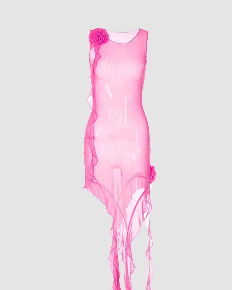 Mesh Polyester Dress with Floral Details