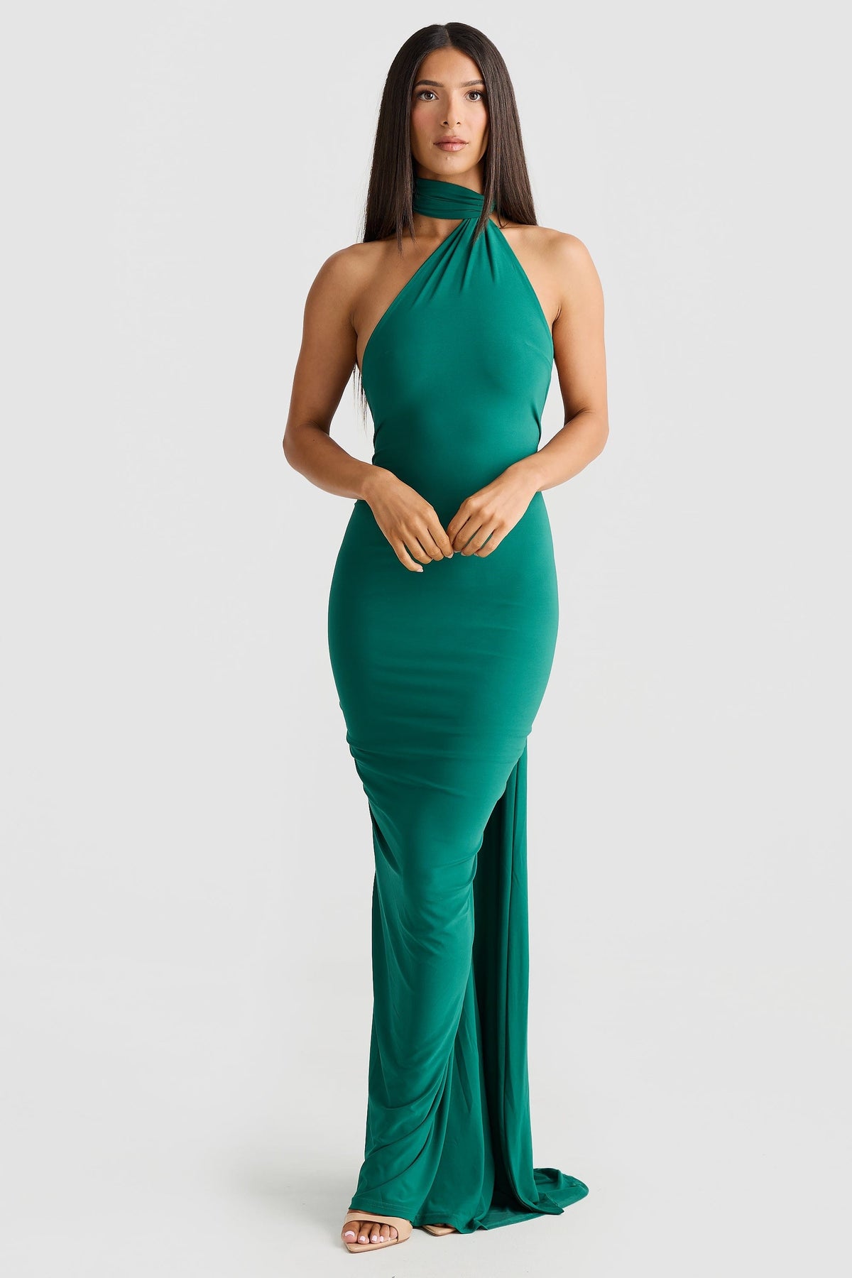 Polyester Stretch-Blend Maxi Dress with Layered Details
