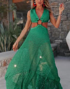Green Mesh Maxi Dress with V-Neckline