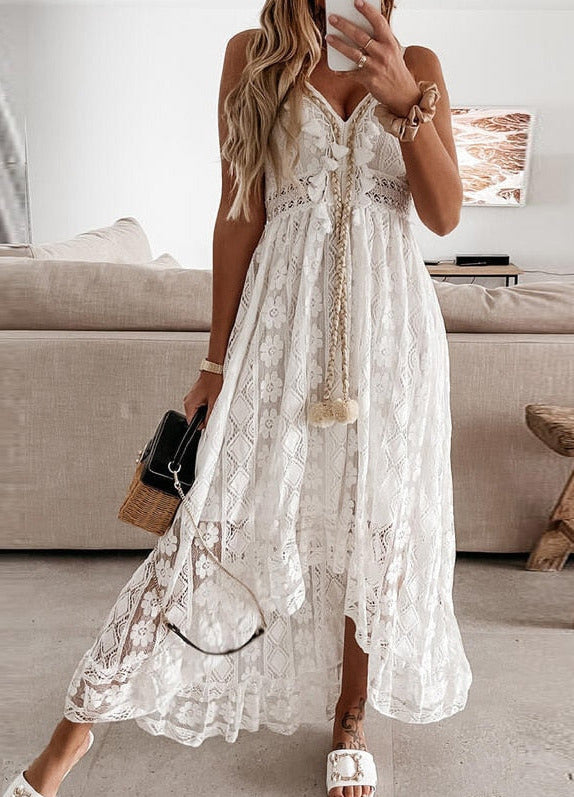 Lace A-Line Strap-Detail Midi Dress