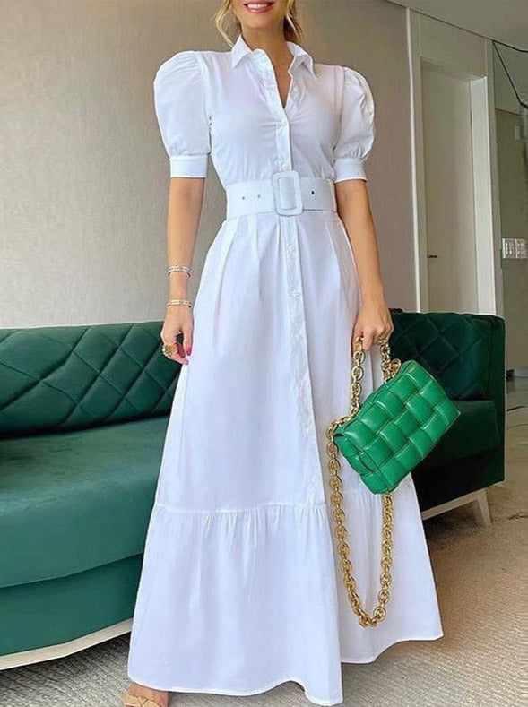 Puff-Sleeve Cotton Dress with Foldover Collar