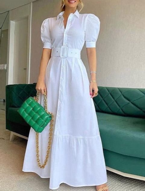 Puff-Sleeve Cotton Dress with Foldover Collar
