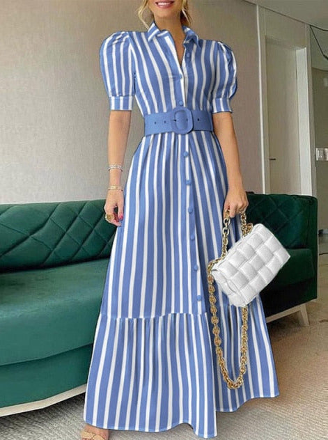Puff-Sleeve Cotton Dress with Foldover Collar
