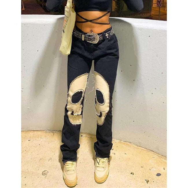 Skull-Graphic Y2K Jeans with Low Waist Main image