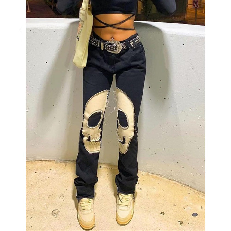 Skull-Graphic Y2K Jeans with Low Waist