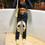 Skull-Graphic Y2K Jeans with Low Waist