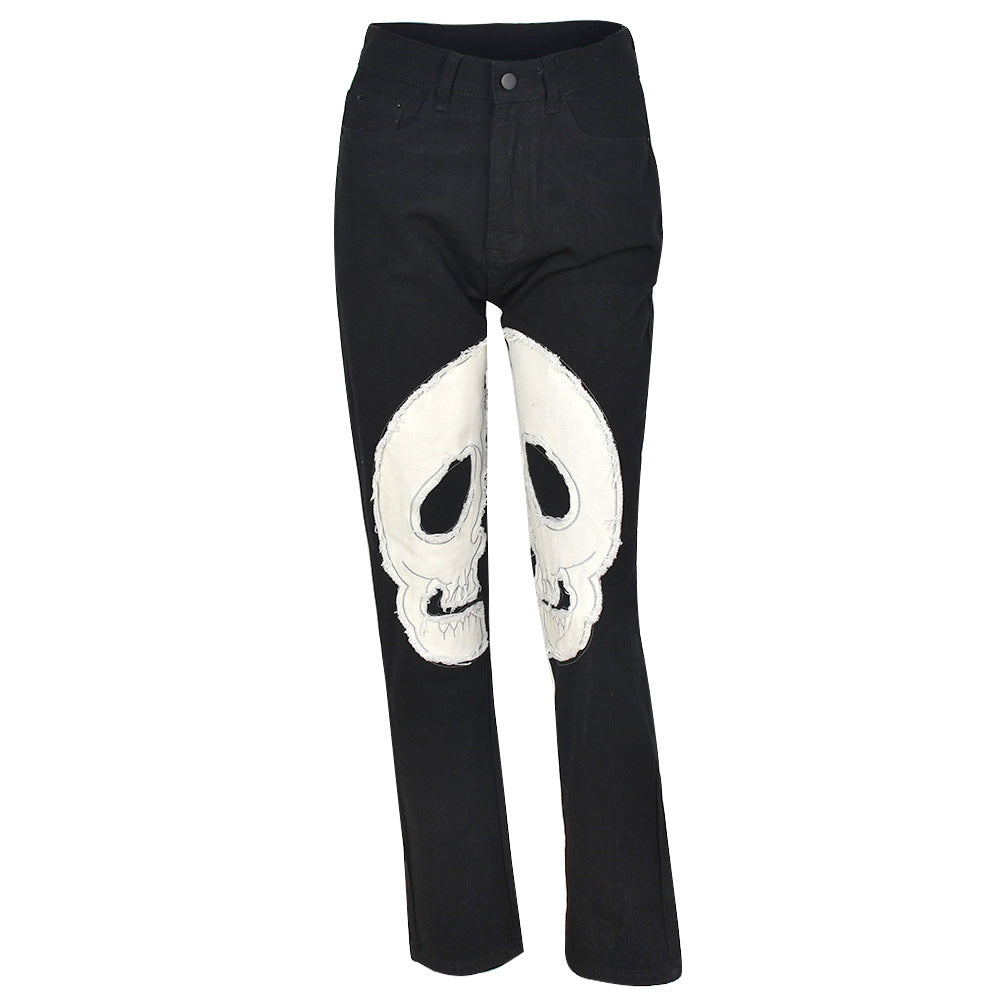 Skull-Graphic Y2K Jeans with Low Waist