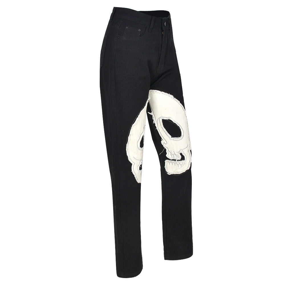 Skull-Graphic Y2K Jeans with Low Waist