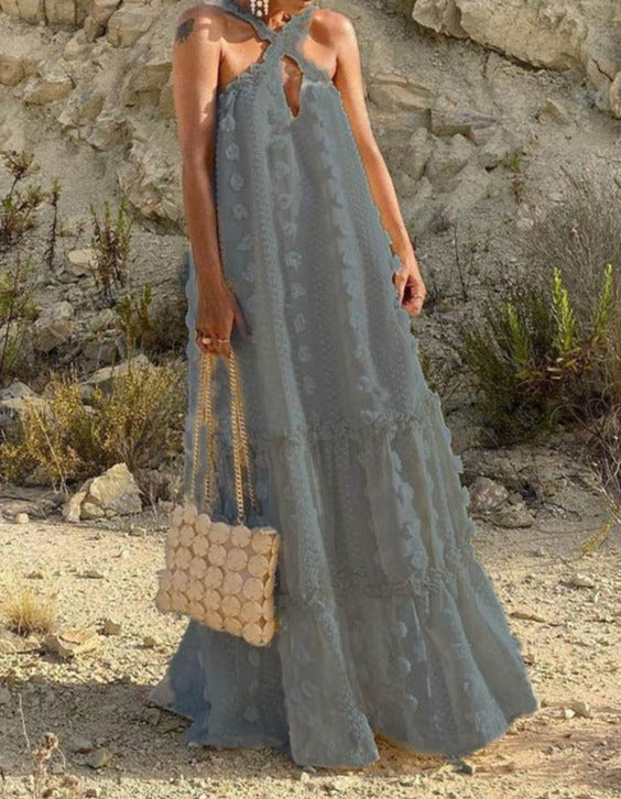 Sleeveless Polyester Relaxed-Fit Maxi Dress with Strap Details
