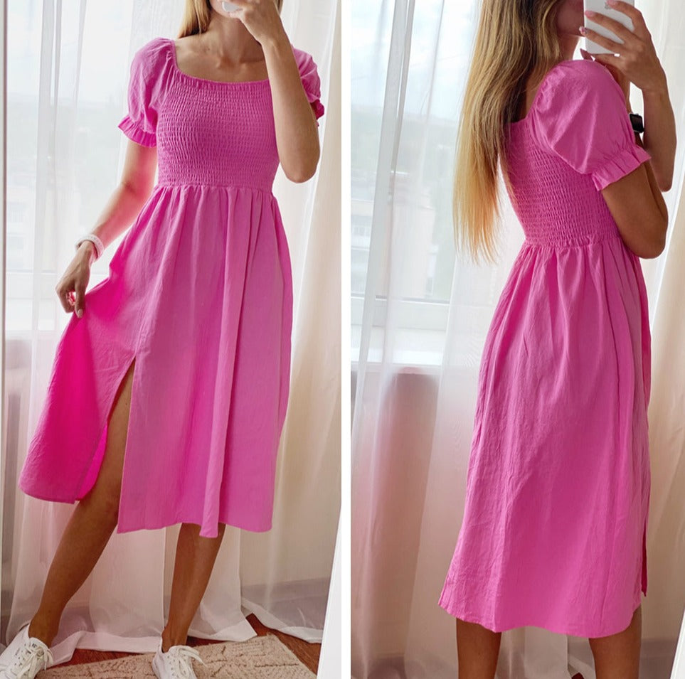Polyester A-Line Midi Dress with Short Sleeves