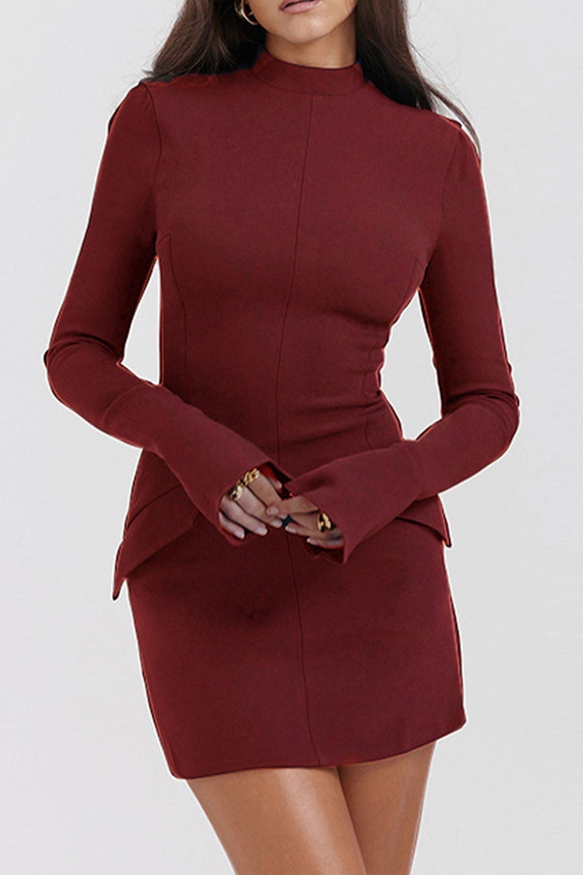Mock-Neck Solid-Color Dress with Flared Sleeves