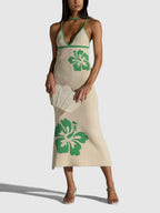 Knit V-Neck Midi Dress with Halter Neckline