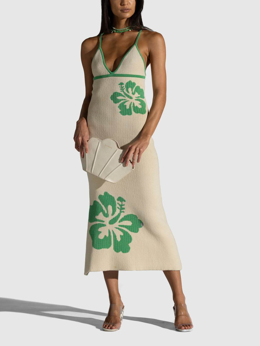Knit V-Neck Midi Dress with Halter Neckline