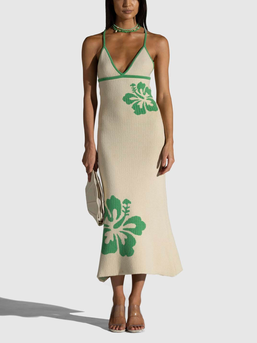 Knit V-Neck Midi Dress with Halter Neckline