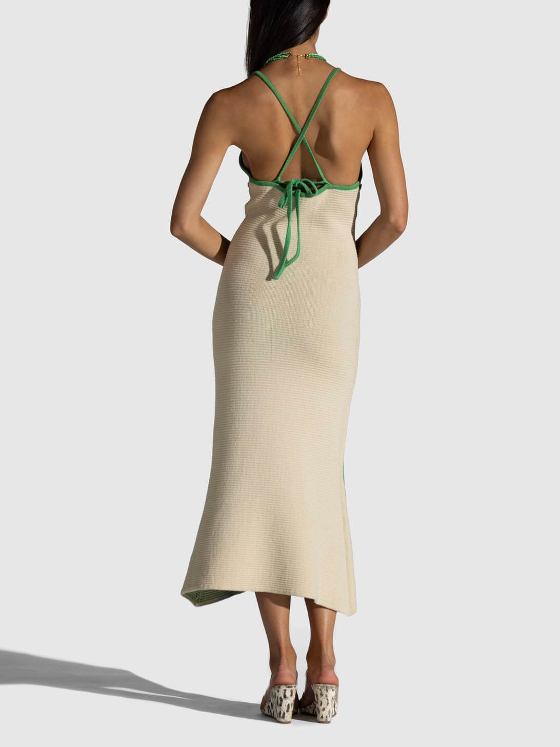Knit V-Neck Midi Dress with Halter Neckline