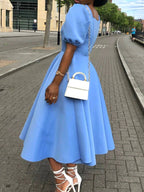 Short-Sleeve Solid-Color Dress with Square Neckline