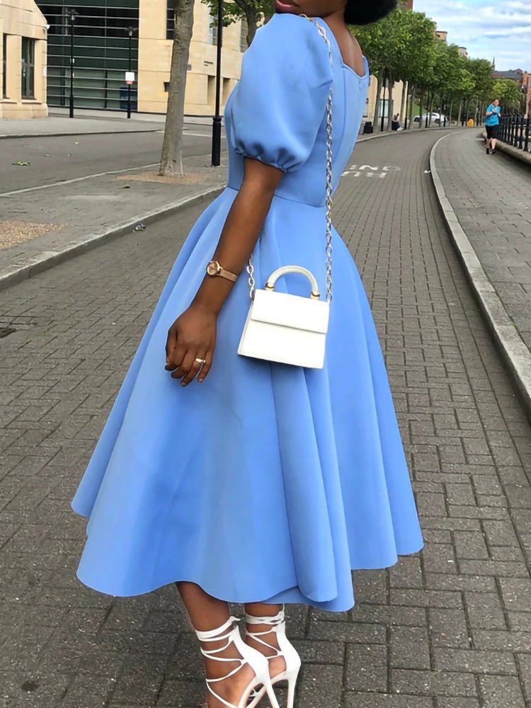 Short-Sleeve Solid-Color Dress with Square Neckline