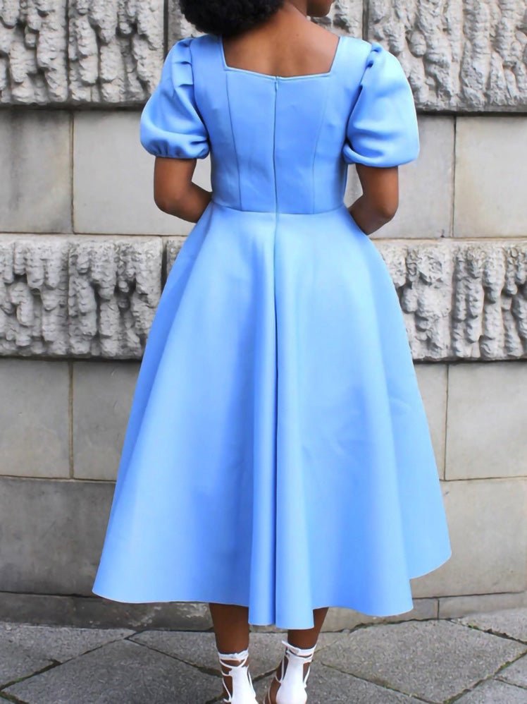 Short-Sleeve Solid-Color Dress with Square Neckline