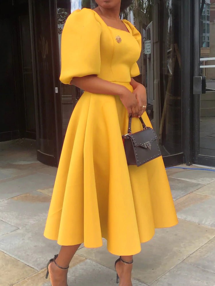 Short-Sleeve Solid-Color Dress with Square Neckline