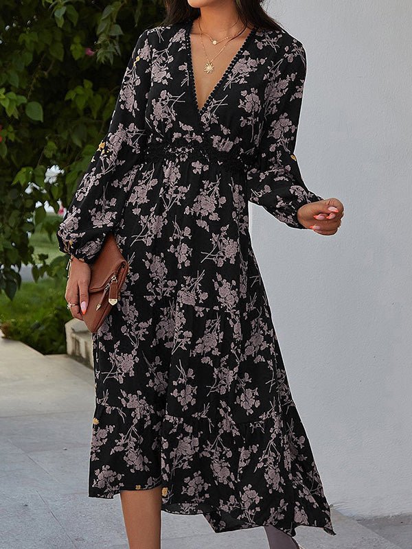 Vintage-Inspired Printed Dress with Long Sleeves