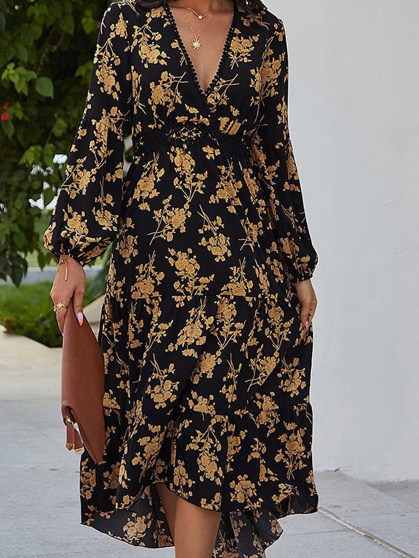 Vintage-Inspired Printed Dress with Long Sleeves