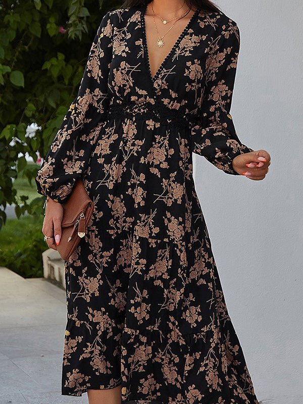 Vintage-Inspired Printed Dress with Long Sleeves