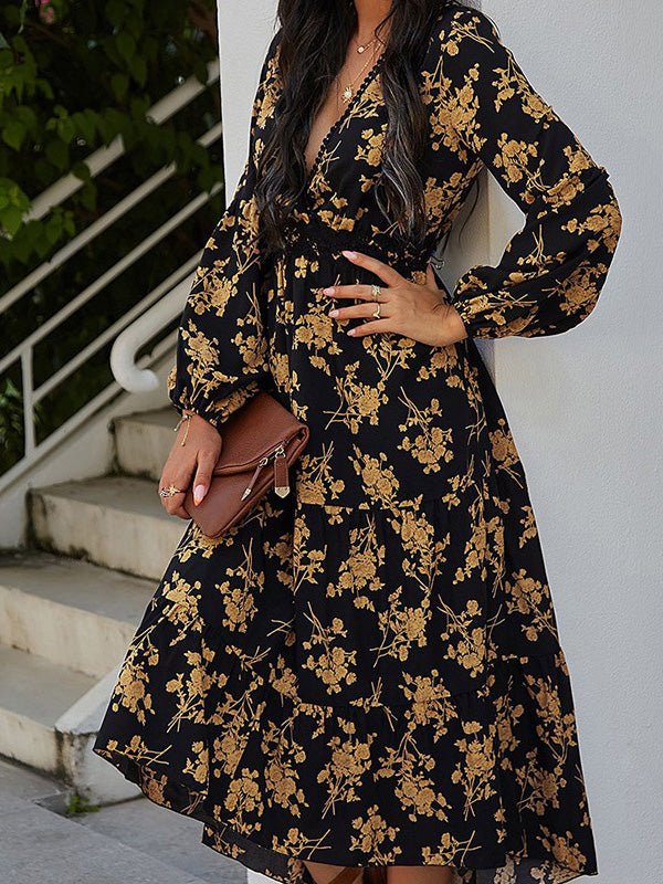 Vintage-Inspired Printed Dress with Long Sleeves